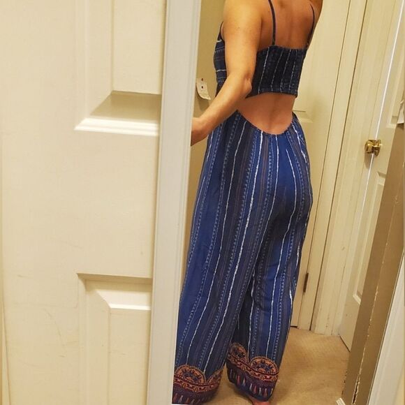 FLYING TOMATO | Blue Striped Boho Open Back Tie Front Jumpsuit Size Medium - Picture 3 of 12
